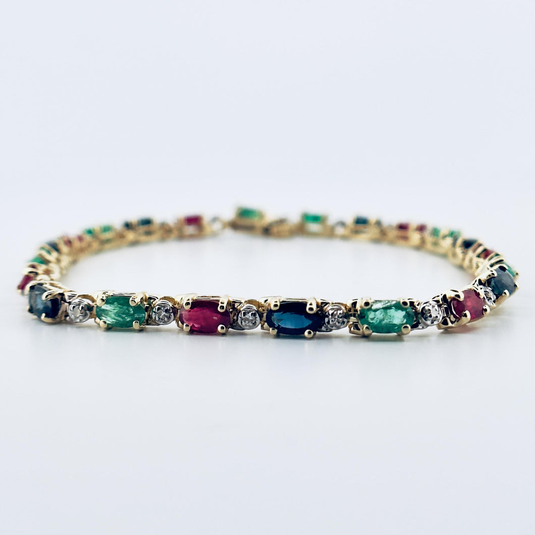 14k Yellow Gold Oval Emerald , Ruby, Sapphire and Diamond Tennis Bracelet