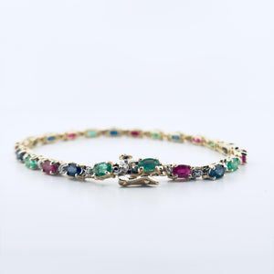 14k Yellow Gold Oval Emerald , Ruby, Sapphire and Diamond Tennis Bracelet