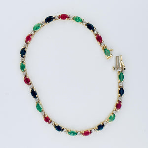 14k Yellow Gold Oval Emerald , Ruby, Sapphire and Diamond Tennis Bracelet