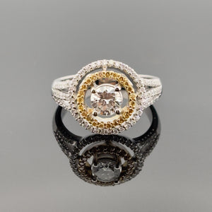 18k White Gold 1.5 ctw White and Yellow Diamond Double Halo Engagement Ring