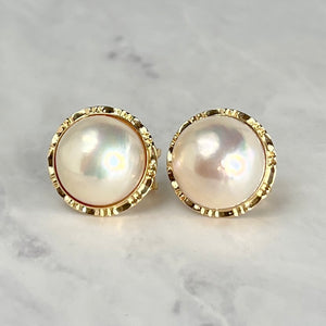 14K Yellow Gold Mabe Pearl Omega Back Earrings