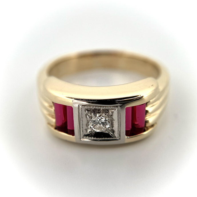 Vintage Men's 14K YG Round Cut Diamond and Ruby Baguette Ring