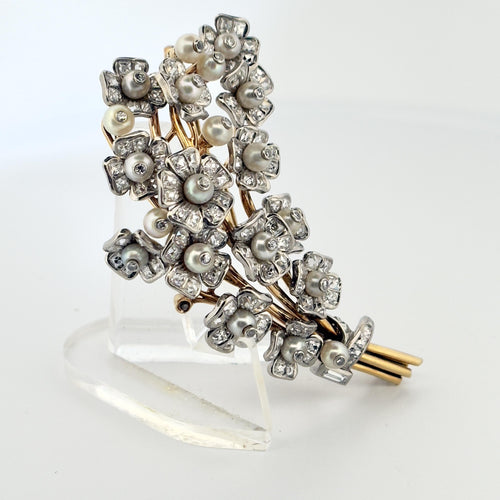 Victorian 14k Yellow and White Gold with 3.8CTW Diamonds and 3.2mm Pearls Brooch