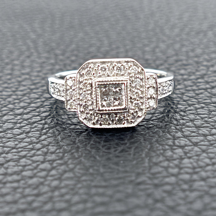 14k White Gold Princess Cut Cluster Bezel Set Center with Round Diamond Ring