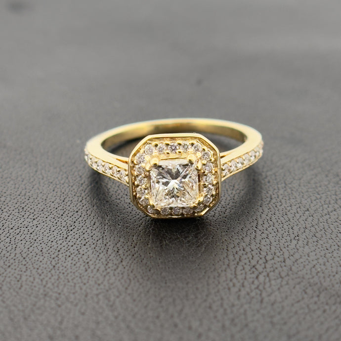 .75 Carat Princess Cut Diamond Halo 14k Yellow Gold Engagement Ring