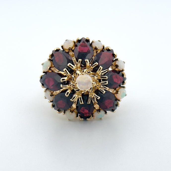 Vintage 14k Yellow Gold Garnet and Opal Cocktail Ring