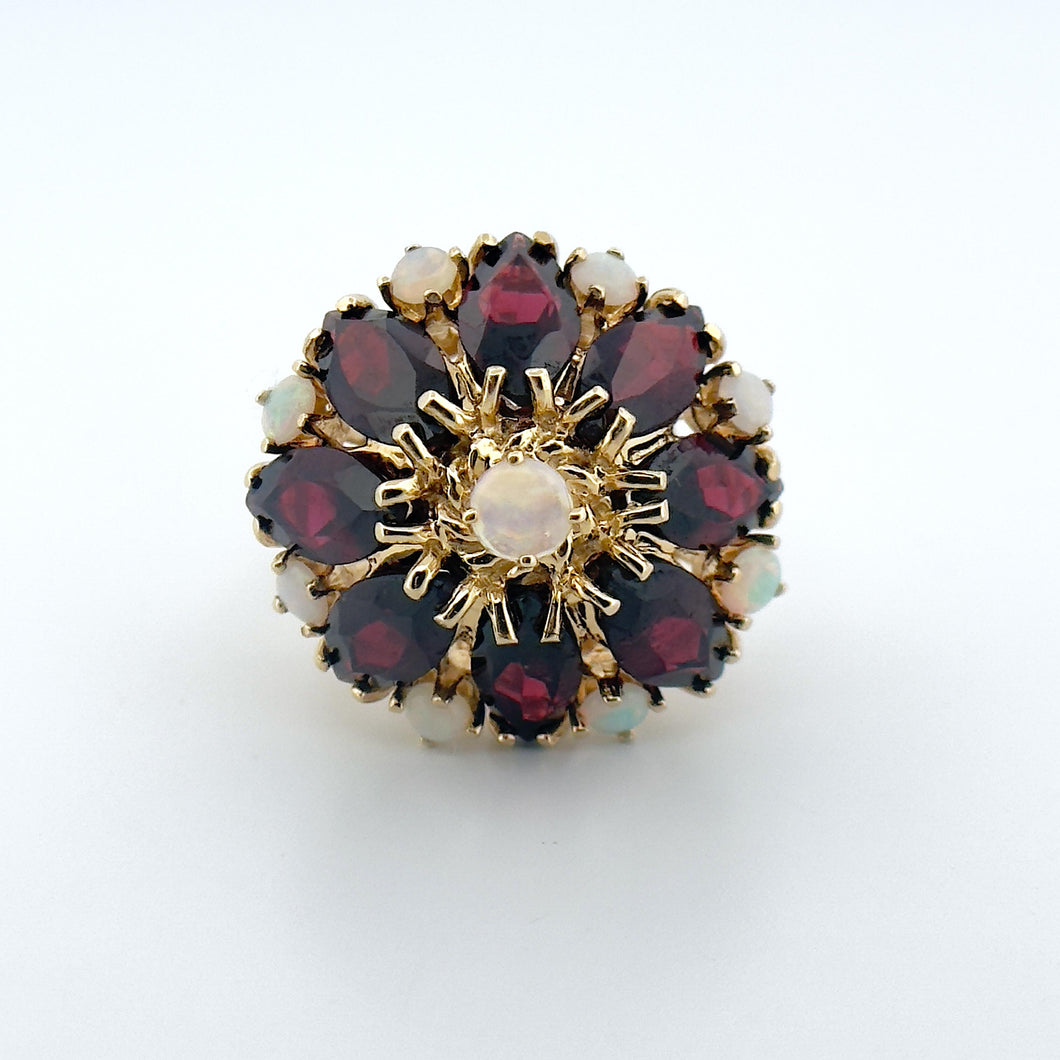 Vintage 14k Yellow Gold Garnet and Opal Cocktail Ring