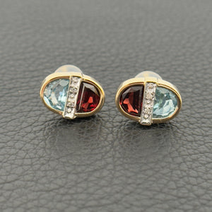 14k Two Tone Gold Topaz & Garnet  w/ Single cut Diamonds Oval Earrings