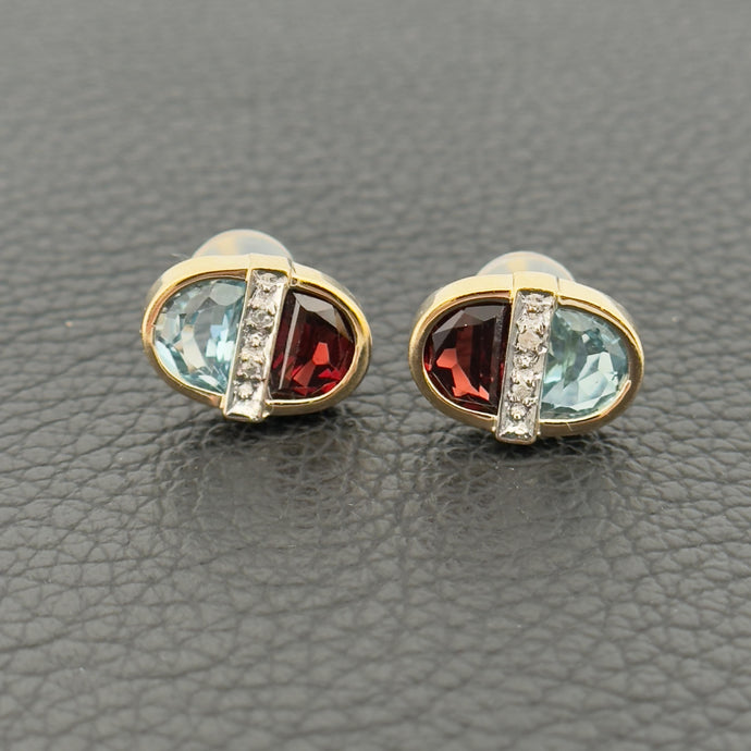 14k Two Tone Gold Topaz & Garnet  w/ Single cut Diamonds Oval Earrings
