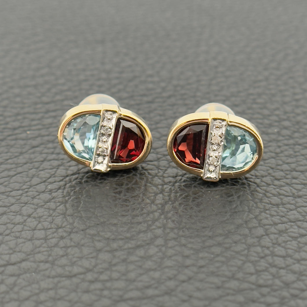 14k Two Tone Gold Topaz & Garnet  w/ Single cut Diamonds Oval Earrings