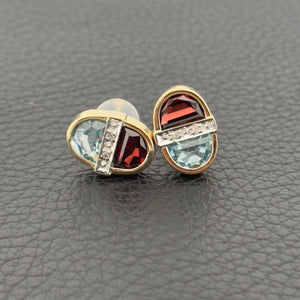 14k Two Tone Gold Topaz & Garnet  w/ Single cut Diamonds Oval Earrings