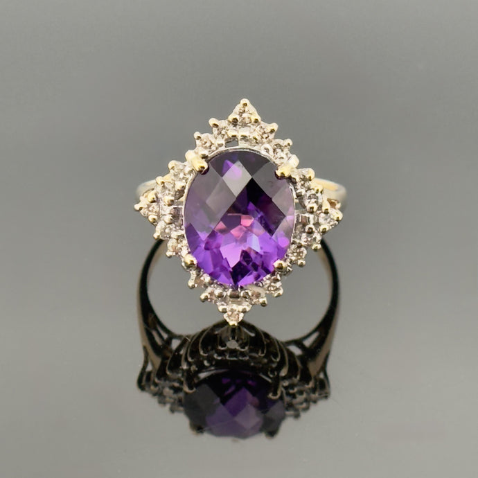 Vintage 14k YG 3.5 CT Amethyst and Diamond Ring