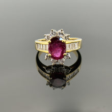 Load image into Gallery viewer, 14K Yellow Gold Ruby and Diamond Baguette Halo Ring