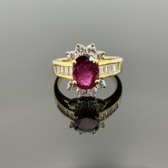 14K Yellow Gold Ruby and Diamond Baguette Halo Ring