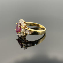 Load image into Gallery viewer, 14K Yellow Gold Ruby and Diamond Baguette Halo Ring