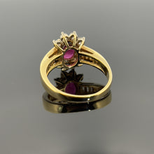 Load image into Gallery viewer, 14K Yellow Gold Ruby and Diamond Baguette Halo Ring