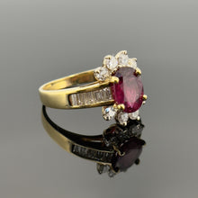 Load image into Gallery viewer, 14K Yellow Gold Ruby and Diamond Baguette Halo Ring