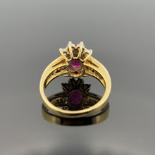 Load image into Gallery viewer, 14K Yellow Gold Ruby and Diamond Baguette Halo Ring