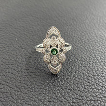 Load image into Gallery viewer, 18K White Gold Emerald &amp; Diamond Vintage Filigree Ring – Milgrain Detail
