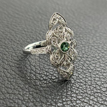 Load image into Gallery viewer, 18K White Gold Emerald &amp; Diamond Vintage Filigree Ring – Milgrain Detail
