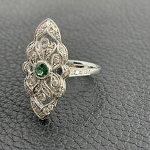 Load image into Gallery viewer, 18K White Gold Emerald &amp; Diamond Vintage Filigree Ring – Milgrain Detail