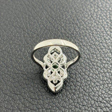 Load image into Gallery viewer, 18K White Gold Emerald &amp; Diamond Vintage Filigree Ring – Milgrain Detail