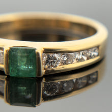 Load image into Gallery viewer, 18K Yellow Gold Natural Emerald and Diamond Ring with Channel Set Accents