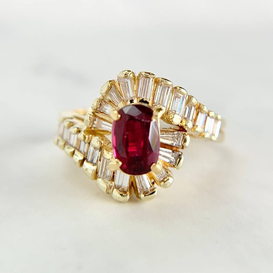 18K Yellow Gold Ruby and Baguette Diamond Swirl Ring