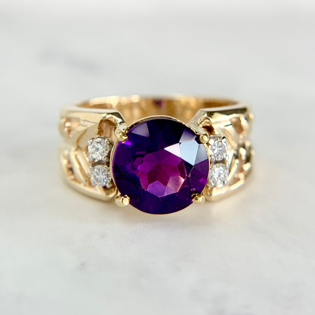 14K Yellow Gold Amethyst and Diamond Laurel Ring