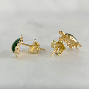 14K Yellow Gold Green Enamel Turtle Earrings