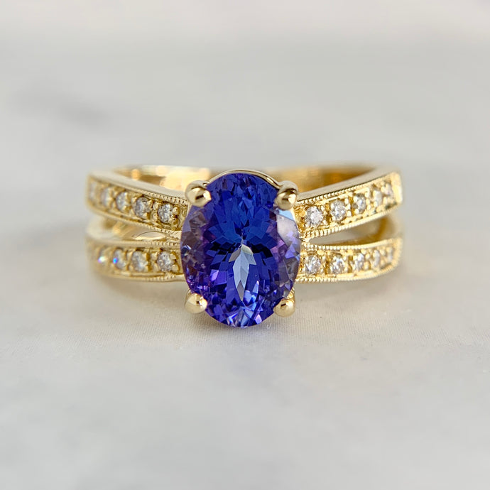 18K Yellow Gold Oval Cut Tanzanite and Diamond Ring