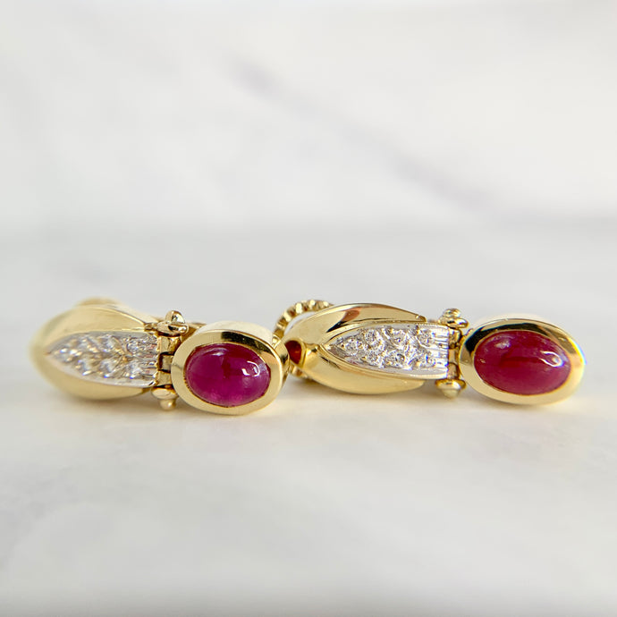 18K Yellow Gold Natural Ruby Cabochon and Diamond Earrings