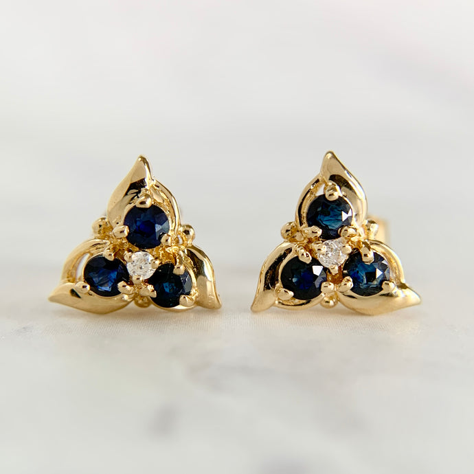 18K Yellow Gold Sapphire and Diamond Trillium Stud Earrings