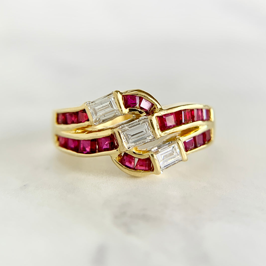 18K Yellow Gold Natural Ruby and Baguette Diamond Ring