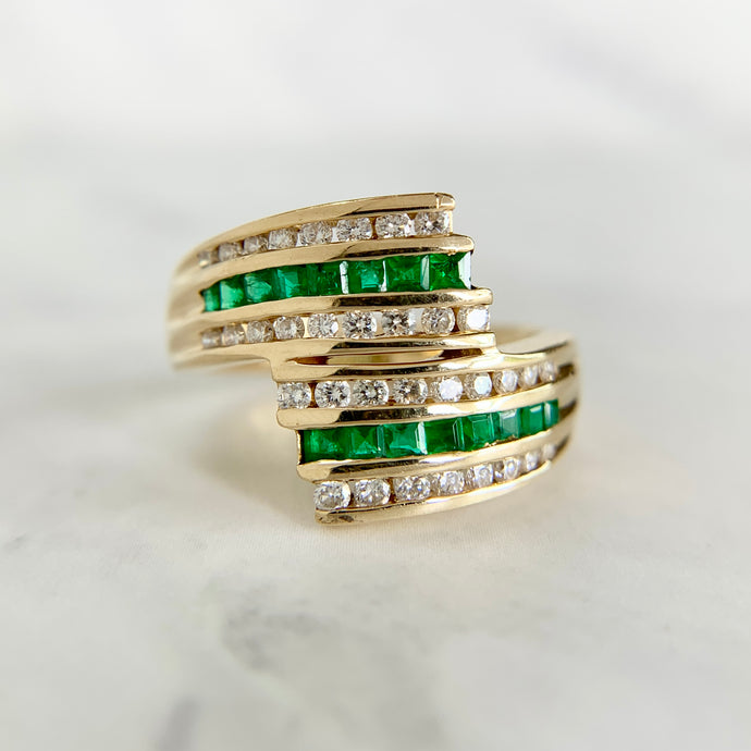 14K Yellow Gold 1.50ctw Emerald and Diamond Bypass Band