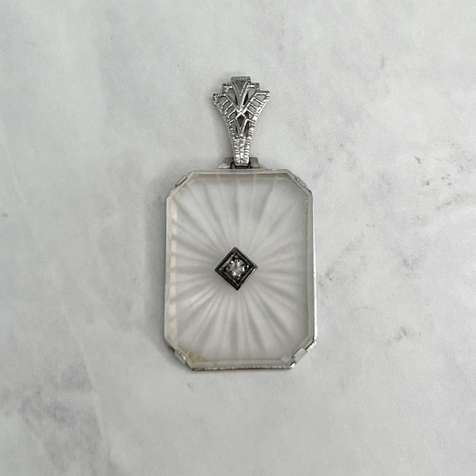 14k White Gold Art Deco Rock Quartz Diamond Pendant