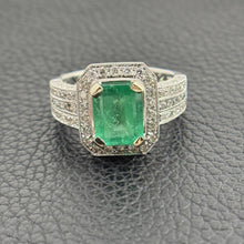 Load image into Gallery viewer, Vintage Natural Emerald 2.5 CT &amp; 1 ct. Diamond Halo Ring in 14K White Gold