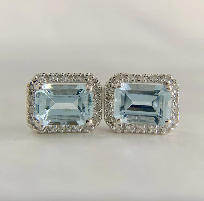 10K White Gold Natural Emerald Cut Aquamarine and Diamond Halo Earrings