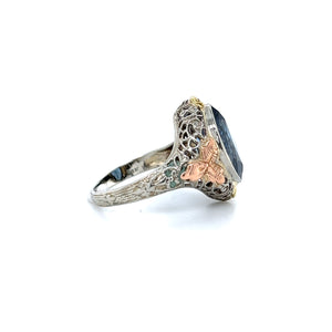 Filigree 14K Tri-Color Art Deco Synthetic Blue Spinel Ring