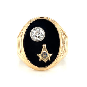 10K Yellow Gold Freemason Onyx Ring w/ .51ct VS Old Euro Cut Diamond