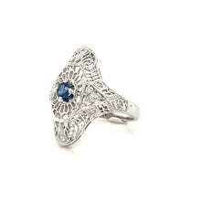 Load image into Gallery viewer, 14K White Gold Natural Sapphire and Diamond Filigree Shield Ring