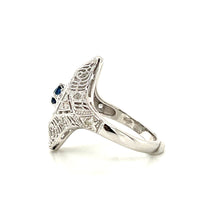 Load image into Gallery viewer, 14K White Gold Natural Sapphire and Diamond Filigree Shield Ring