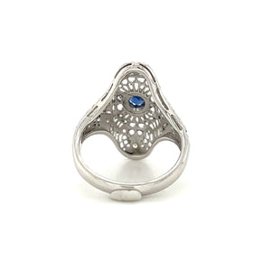 14K White Gold Natural Sapphire and Diamond Filigree Shield Ring