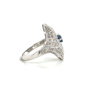 14K White Gold Natural Sapphire and Diamond Filigree Shield Ring