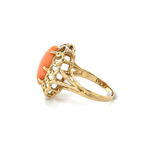 14K Yellow Gold Natural Coral Openwork Navette Ring