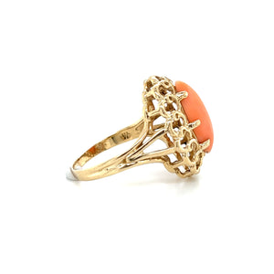 14K Yellow Gold Natural Coral Openwork Navette Ring