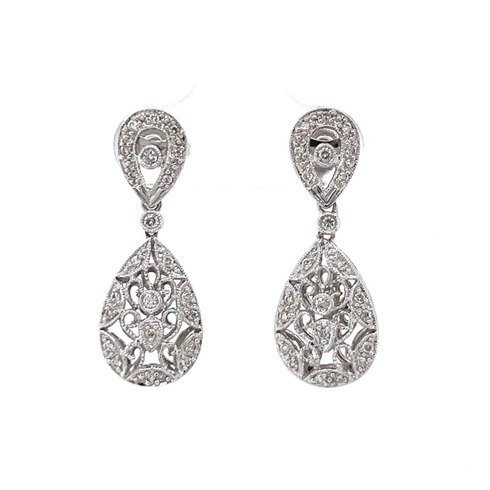 14k White Gold Diamond Filigree Drop Earrings