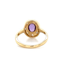 Load image into Gallery viewer, 14K Yellow Gold Synthetic Sapphire Diamond Halo Ring