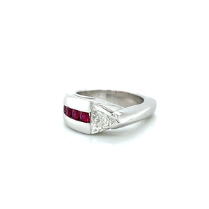 Modernist 14K White Gold Ruby and Trillion Cut Diamond Ring