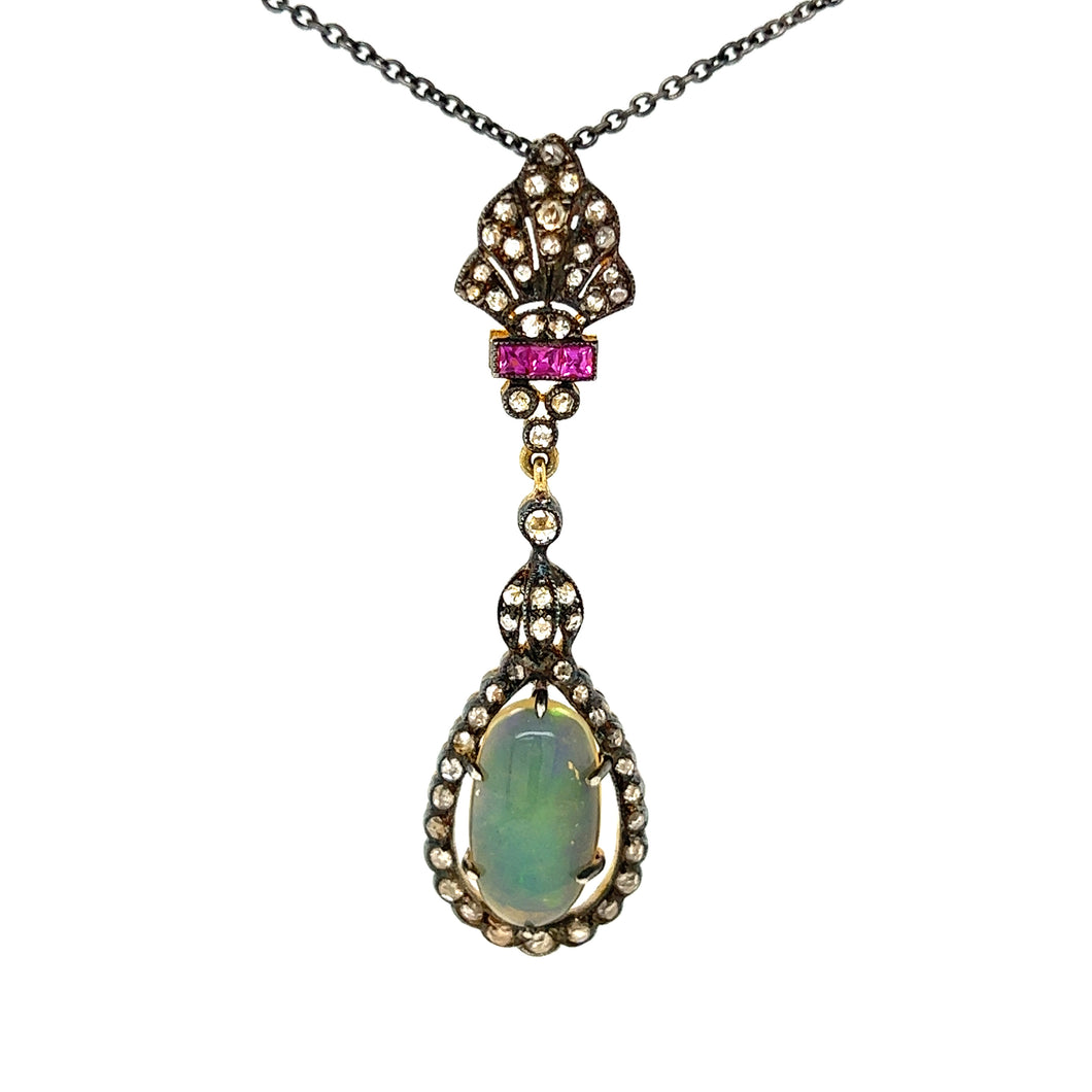 Antique Silver/18K Opal and Rose Cut Diamond Necklace
